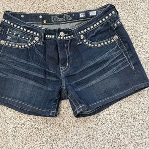 Miss Me Dark Blue Jean Shorts with Studded Accents